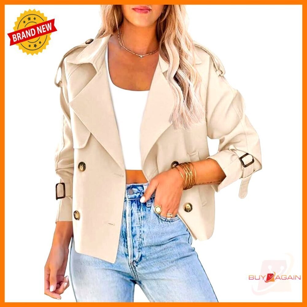 Cropped Trench Coat Double-Breasted Short Jacket Notch Sleeve Fall Outfit